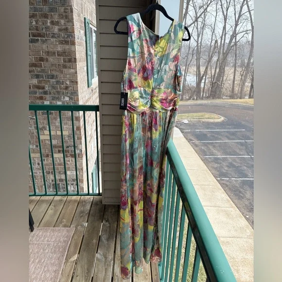 🆕 Ignite Evenings Metallic Floral Maxi Dress Size 16 Teal Gold Gown Pleated Prom - Picture 4 of 16